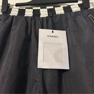 CHANEL Black Track Pants with White Contrast Waistband